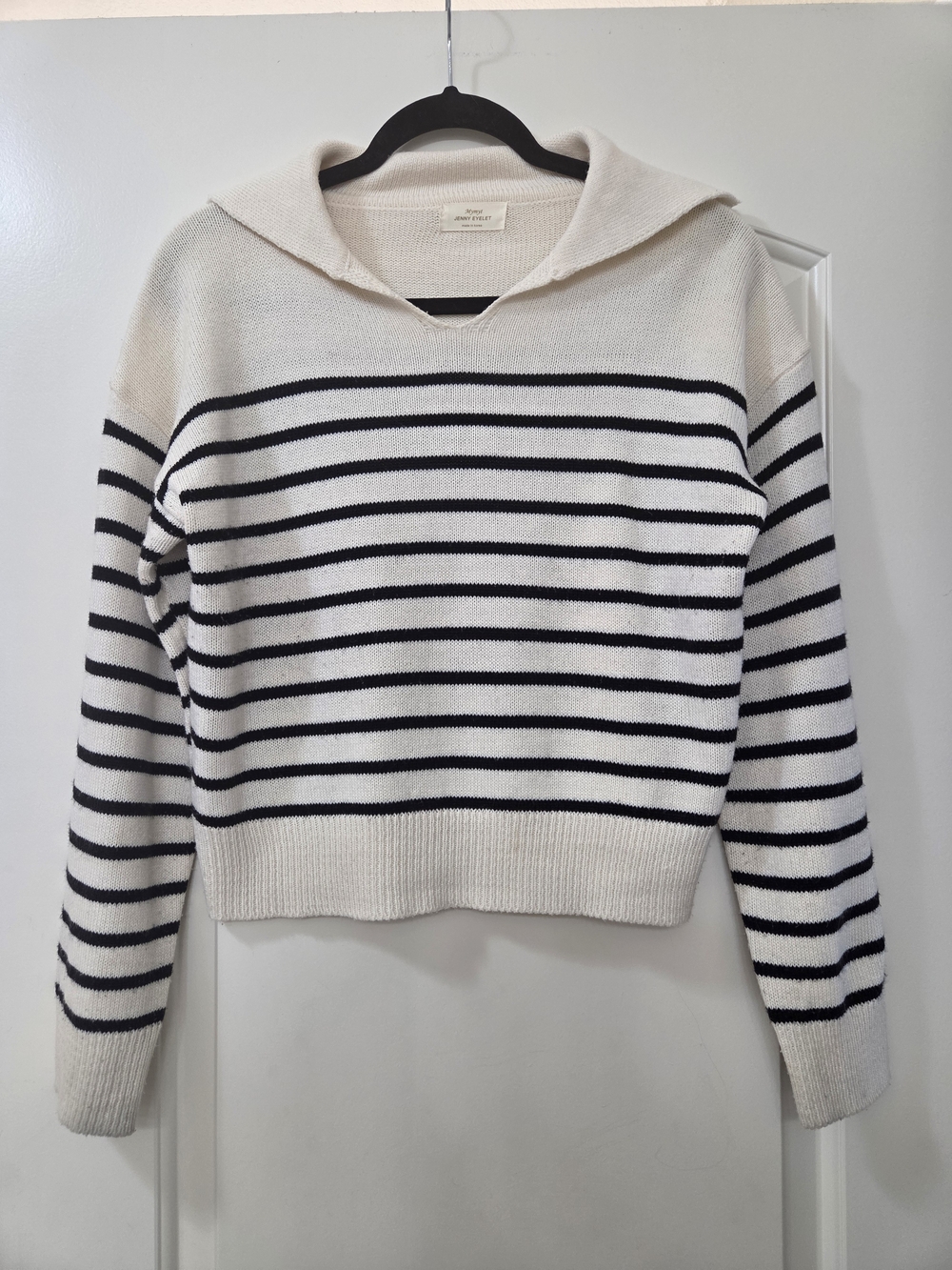 Striped Crew-Neck Cropped Sweater in Cream and Black by